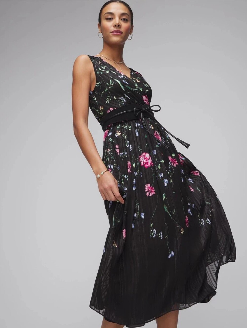 NWT White House Black Market Black Floral Chiffon Pleated Midi V-Neck Dress 8